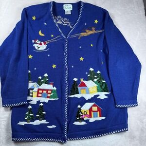 Quacker‎ Factory Sweater Womens 1X Blue Christmas Village Cardigan Holiday